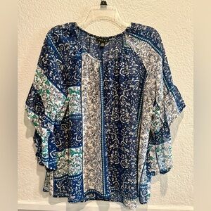 Como Black top Floral Blue and White Women's sheer top size Large